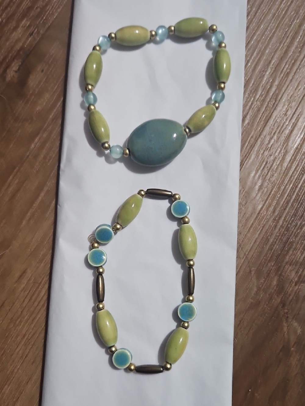 Green and Aqua Bead Stretch Bracelet Set with Gold Accents